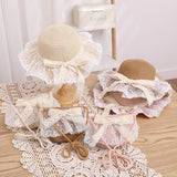 Bonnyshow Baby Girls Straw Hat And Shoulder Bag Set Summer Fashion Beach Bucket Cap Parent-Child Wide Brim Lace Holiday Beach Sun Hats