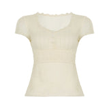 Bonnyshow  Beige Lace Transparent Short Sleeves T-shirt Y2K Aesthetic Fake Buttons Fitted Crop Top Elegant Casual Tee Streetwear