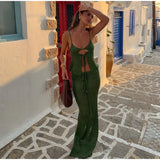 Bonnyshow  Sexy Hollow Lace Up Women 's Skirt Suit Knitted O-neck Sleeveless Crop Top Split Hip Package Skirts Female Summer Beach Outfit