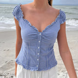 Bonnyshow  Preppy Button Down Blouse Tops Y2k Vintage Cap Sleeve Women T-shirt 00s Fairy Frill V Neck Crop Tops Milkmaid Vest