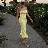 Bonnyshow Yellow Knitted Strapless Dress Women Elegant Sleeveless Slim Maxi Beach Holiday Dresses Summer Sexy Backless Ruffle Party Dress