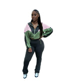 Bonnyshow Autumn Women Fashion Casual 2 Piece Set Color Patchwork Long Sleeve Zip-up Jackets Crop Top + High Waist Flare Pants Suit