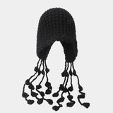 Bonnyshow Korean Wool Tassel Knitted Hat for Women Winter Warm Ear Protection Cap Sweet Solid Color Female Pullover Hats Gorros