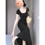 Bonnyshow  Summer Women's Korean Graceful Square Collar Slim Dress Lady Fashion Joker Solid Long Short Sleeve Dresses 2025 New Clothing