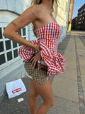 Bonnyshow  Print Red White Checkered Chest Wrap Pleated Fluffy Hem Sleeveless Backless Vacation Versatile Beach Party Trend Tops