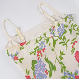 Bonnyshow  Elegant Charming Floral Print Spaghetti Strap Dress French Style Prairie Chic Ruffles Trim Knee Length Dresses Retro