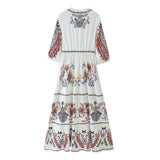 Bonnyshow  Summer Women's Positioning Print Dress Splicing Lace V-neck 3/4 Sleeve Long Dresses Casual Beach Bohemian Holiday Dress