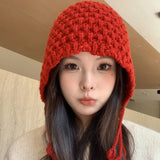 Bonnyshow Korean Wool Tassel Knitted Hat for Women Winter Warm Ear Protection Cap Sweet Solid Color Female Pullover Hats Gorros
