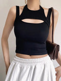 Bonnyshow Asymmetrical Crop Top y2k E-girl Hollow Out Knitted Corset Top Sleeveless O Neck Mini Vest Basic Casual Sporty  Summer