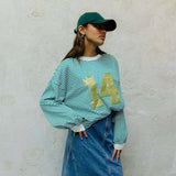 Bonnyshow  Casual Striped Patchwork Tops Women Loose O-neck Number Print Long Sleeve Lady Shirts 2024 Autumn Fashion New Female Streetwears
