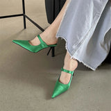 Bonnyshow  Satin Button Pointed Toe Mules Pumps Women Slipper Fashion Shallow Thin High Heels Ladies Shoes