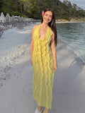 Bonnyshow  Elegant Yellow Halter A Line Prom Gowns Ruffles Tiered Backless Party Gown Summer Vacation Chiffon Long Evening Dress 2025