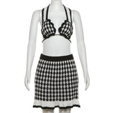 Bonnyshow Plaid Knitted Two Piece Set Women Camisole Crop Top And Mini Skirts Y2K Clothing 2024 Sexy Vacation Beach Outfits