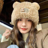 Bonnyshow Cute Bear Beanie Cap for Women Winter Warm Thick Knitted Plush Hat Korean Cartoon Female Ear-Protection Hats