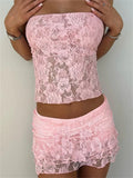Bonnyshow  Lace Sheer A-Line Ruffle Mini Skirt Set For Women Halter Tie Backless Tank Top Short Skirt Sexy Vacation Two-Piece Outfit