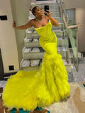 Bonnyshow Striking Neon Yellow Mermaid Evening Dresses With Big Volume Tulle Bottom Aso Ebi Stylished Long Prom gowns Bridal Dress