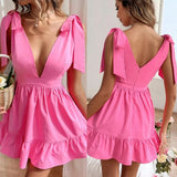 Bonnyshow Summer V-neck Pure Dress Bow Tie Short Skirt Sweet Ruffled Dress Cute