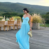 Bonnyshow Elegant V Neck Sleeveless Maxi Dress Sexy Solid Backless Pleated Patchwork Bustier Corset Evening Wedding Guest Long Dresses