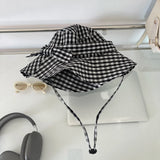 Bonnyshow Japanese Plaid Bucket Hat Summer UV Sunscreen Beach Hat Female Ins Bow Knot Big Brim Fisherman's Hat Beach Accessories