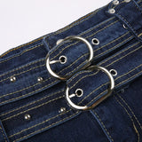 Bonnyshow  High Waisted Zipper Slim Fit Bag Buttocks Splicing Japanese Button Waistband With Heavy Industry Characteristics Trend Dark Blue