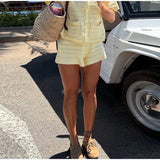 Bonnyshow  Casual Knitted Shorts Sets 2 Pieces Women Lapel Half Sleeve Single Breasted Shirts Hollow Out Short Pant 2025 Summer Beach Suits