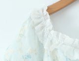 Bonnyshow  Sweet Girl Lace Spliced Embroidery Printed Dress Women Vintage Puff Sleeve V Neck A-line Mini Summer Dresses Holiday Robe