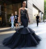 Bonnyshow Amazing African Black Mermaid Eveing Dresses With A Corset Bustier Strapless Big Volume Tulle Formal Party Gowns