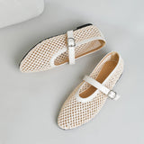 Bonnyshow  Hollow Out Weave Mary Janes Shoes Women Pu Leather Breathable Summer Flats Shoes Ladies Pointed Toe Elegant White Loafers New