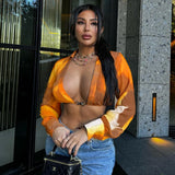 Bonnyshow Autumn V Neck Sexy Long Sleeve Hollow Out Crop Top Turndown Collar Tie Dye Print T Shirt Women Fall Streetwear