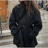 Bonnyshow Winter Warm Lace up Women's Coat Solid Color Vintage Single Breasted Coat Fashion Autumn Women's Jackets New Retro Outerwear