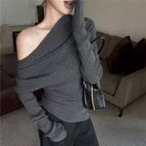 Bonnyshow Korean Retro Strapless Asymmetric Casual Long-sleeved Sweater Women 2025 Spring New Slant Collar Pleated Sexy Slim Knitted Tops