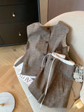 Bonnyshow  Coffee Linen Skirt Set Sleeveless Top Vest Short Skirts Summer New Fashion High End Casual Commuting Two Piece Set Women Outfits