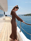 Bonnyshow  Knit Hollow Women's Dress Elegant Halter Lace Up Full Sleeve Long Dressess Female Summer Fashion Lady Vacation Robes 2025