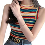 Bonnyshow  Knit Short Vest With Rainbow Stripes On The Shoulder Women Sleeveless T Shirts Off Shoulder Striped O Neck Tank Top