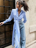 Bonnyshow Design Inspired Striped Lace Up Shirt Autumn Fashion New Chic Long Sleeved Loose Women's Versatile Collared Shirt