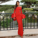 Bonnyshow Red Maxi Christmas Dresss Women Elegant Long Sleeve Slim Dresses Fashion Sexy Off The Shoulder Evening Party Dress 2024