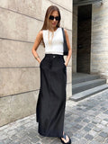 Bonnyshow New Women's Fashionable Vintage Elastic Waist Buttons Skirts Summer Female Casual Cotton Black Stylish Split Long Skirts