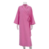 Bonnyshow  Casual Solid Women Long Dresses Chic Lace Up Turn-down Collar Split Full Sleeve Female Dress 2025 Summer Elegant Lady Vestidos