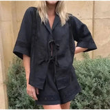Bonnyshow  Summer Holiday 2 Piece Set Women Loose Patchwork Shorts Solid Hollow Out Bandage Shirt Sets Fashion Lady 2025 Elastic Waist Suit
