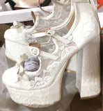 Bonnyshow  Red light Blue Floral Lace Small Bowtie Three Buckle Strap Lolita Pumps Super Platform Chunky High Heels Women Wedding shoes