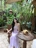 Bonnyshow  Women's Purple/Apricot Casual Flower Long Dress Sleeveless French Elegant Aesthetic 2000s Party A-line Dress Clothing 2025