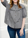 Bonnyshow  Women s Plaid Button Down Shirt Casual Loose Fit 3 4 Long Sleeve Round Neck Tops Comfortable Casual Wear Stylish Checkered