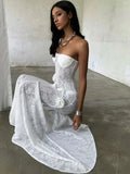 Bonnyshow  Sexy Strapless Transparent Lace Wers Women Maxi Backless Evening Dress Female Autumn New Elegant Party Clubwear