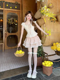Bonnyshow  Summer Sweet Girls Two Piece Skirt Sets Lace Splicing Puff Sleeve Slim Shirt Tops + High Waist A Line Mini Skirt Outfits