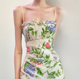 Bonnyshow  Elegant Charming Floral Print Spaghetti Strap Dress French Style Prairie Chic Ruffles Trim Knee Length Dresses Retro