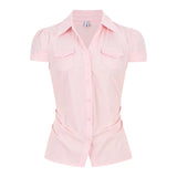 Bonnyshow  Femme Pink Slim Blouse Shirts Summer Women's Fashion Casual Polo Neck Short Sleeve Top Single-breasted Shirt Y2k Coquette