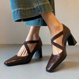 Bonnyshow  Retro Simple Cross Elastic High-heels Women Shoes Temperament Versatile Pumps Shoes Solid Color Square Head Women Shoes