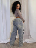 Bonnyshow Fashion Casual Pleated Patch Women's Jeans New Retro Unique Design Straight Pants Women Autumn Hip Hop Streetwear Long Pants