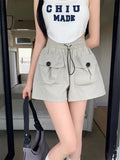 Bonnyshow  Design Sense Double Pocket Shorts Women'S Solid Spliced Button Pocket Drawstring Loose Casual High-Waist Wide Leg Trousers