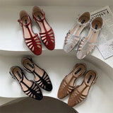 Bonnyshow  T-strap Rome Flat Sandals Women Hollow Out Vintage Summer Mary Janes Shoes Ladies Pu Leather Holiday Elegant Gladiator Sandals